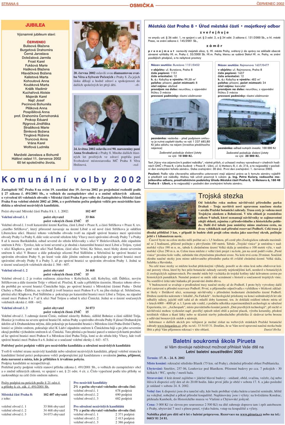 2006, a o potřebném počtu podpisů voličů pro nezávislého kan didáta a sdružení nezávislých kandidátů. Počet obyvatel Městské části Praha 8 k 1. 1. 2002: 102 407 Volební obvod č.