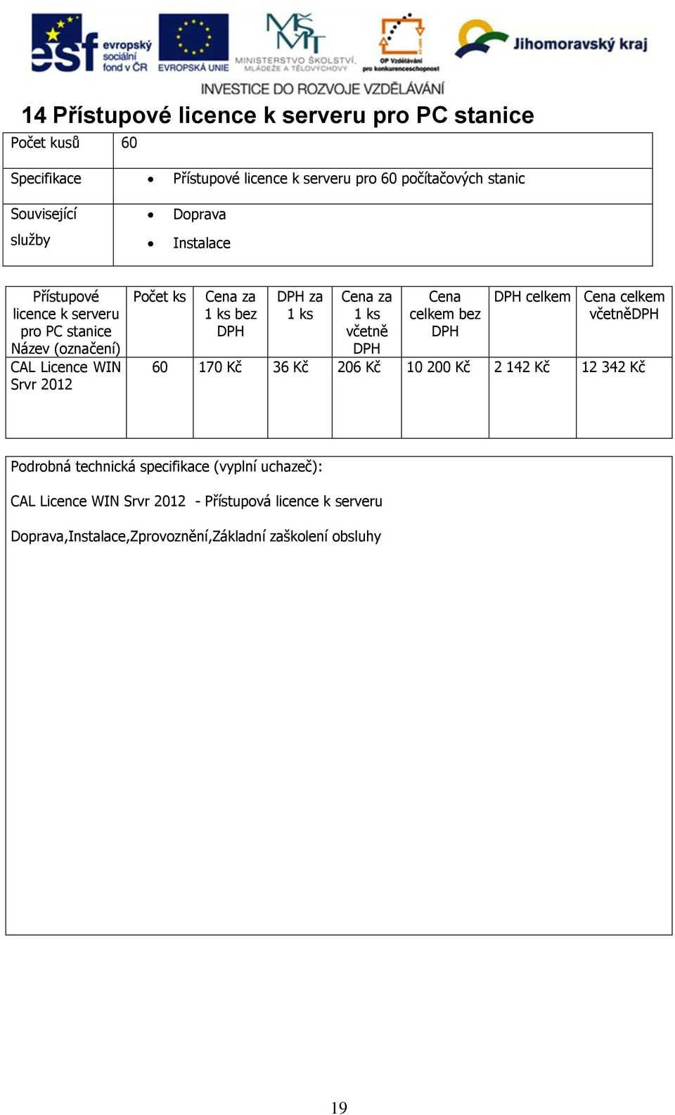 včetně celkem celkem včetně 60 170 Kč 36 Kč 206 Kč 10 200 Kč 2 142 Kč 12 342 Kč Podrobná technická