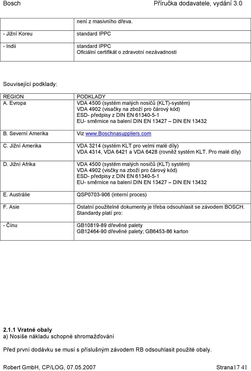 Severní Amerika Viz www.boschnasuppliers.com C. Jižní Amerika VDA 3214 (systém KLT pro velmi malé díly) VDA 4314, VDA 6421 a VDA 6428 (rovněž systém KLT. Pro malé díly) D.