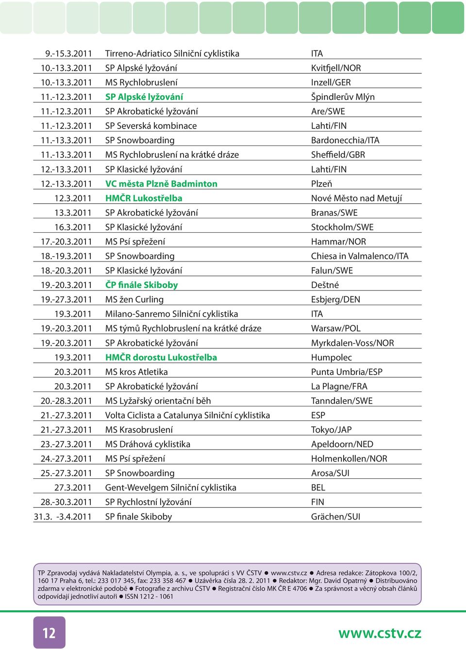 -13.3.2011 SP Klasické lyžování Lahti/FIN 12. -13.3.2011 VC města Plzně Badminton Plzeň 12.3.2011 HMČR Lukostřelba Nové Město nad Metují 13.3.2011 SP Akrobatické lyžování Branas/SWE 16.3.2011 SP Klasické lyžování Stockholm/SWE 17.