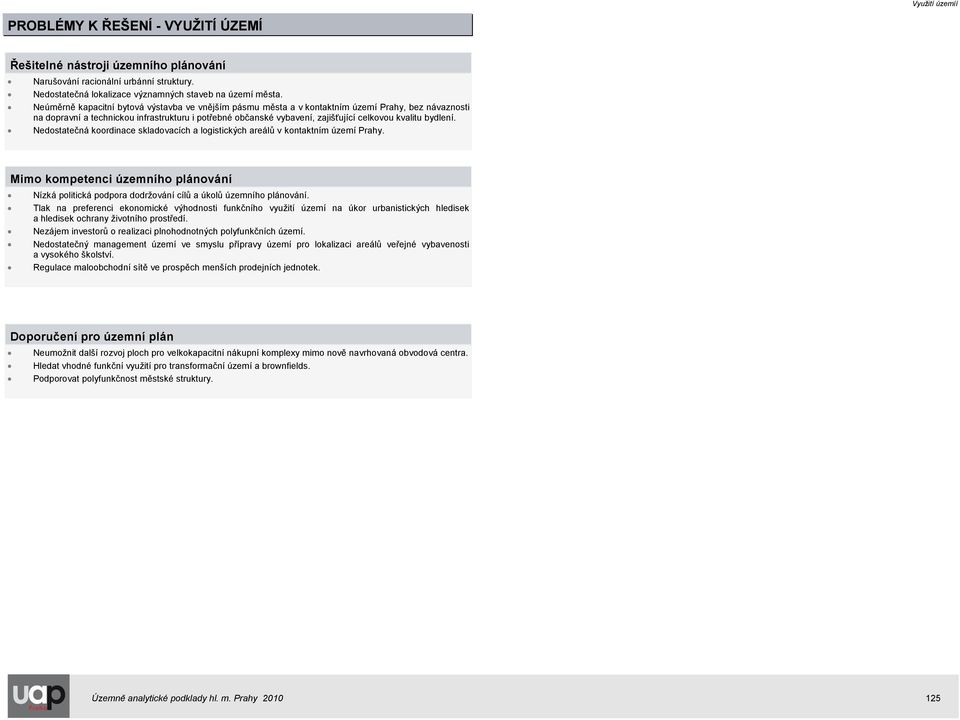 bydlení. Nedostatečná koordinace skladovacích a logistických areálů v kontaktním území Prahy. Mimo kompetenci územního plánování Nízká politická podpora dodrţování cílů a úkolů územního plánování.