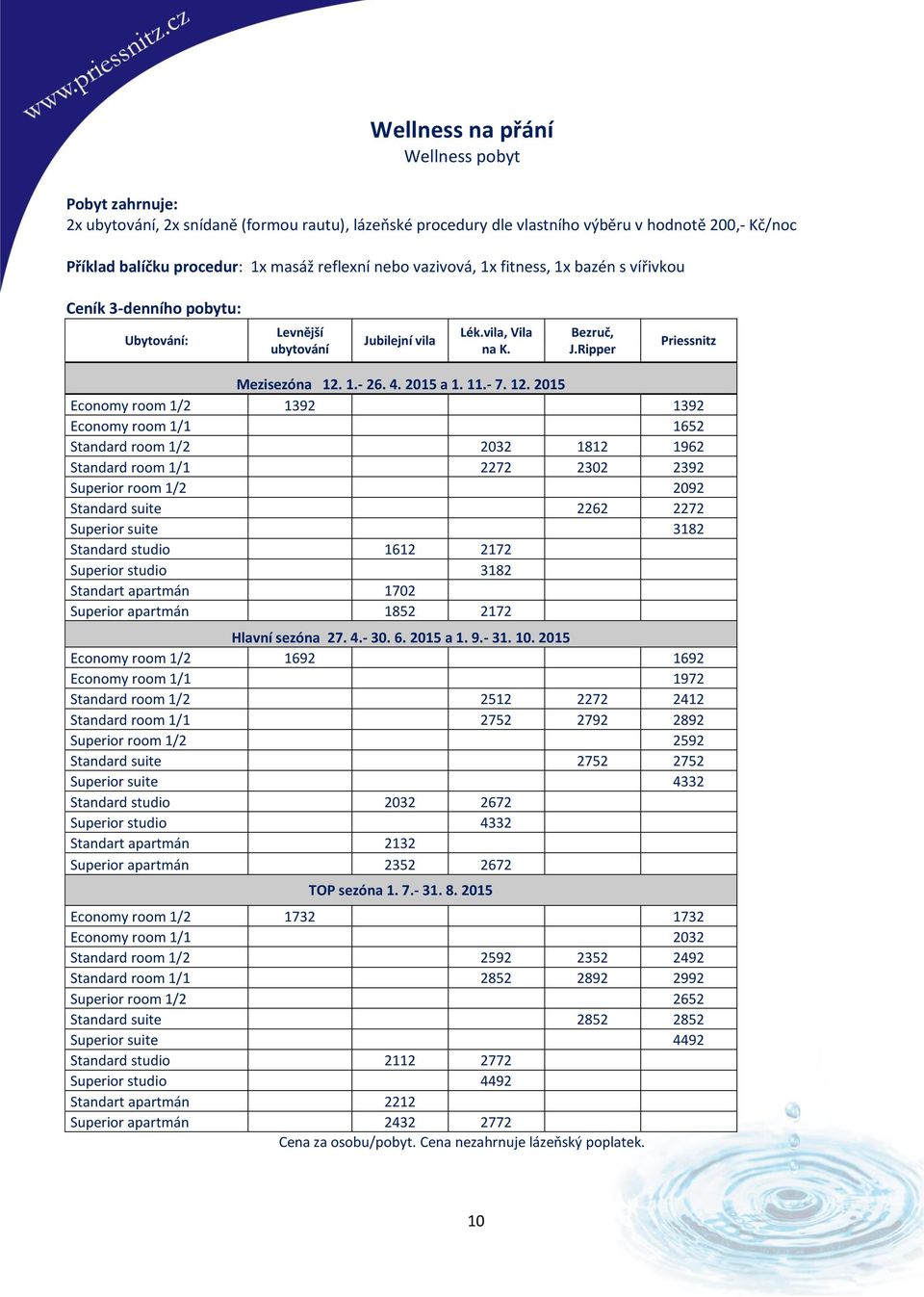2092 Standard suite 2262 2272 Superior suite 3182 Standard studio 1612 2172 Superior studio 3182 Standart apartmán 1702 Superior apartmán 1852 2172 Hlavní sezóna 27. 4.- 30. 6. 2015 a 1. 9.- 31. 10.