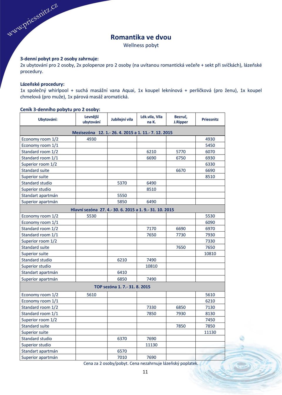 Ceník 3-denního pobytu pro 2 osoby: Economy room 1/2 4930 4930 Economy room 1/1 5450 Standard room 1/2 6210 5770 6070 Standard room 1/1 6690 6750 6930 Superior room 1/2 6330 Standard suite 6670 6690