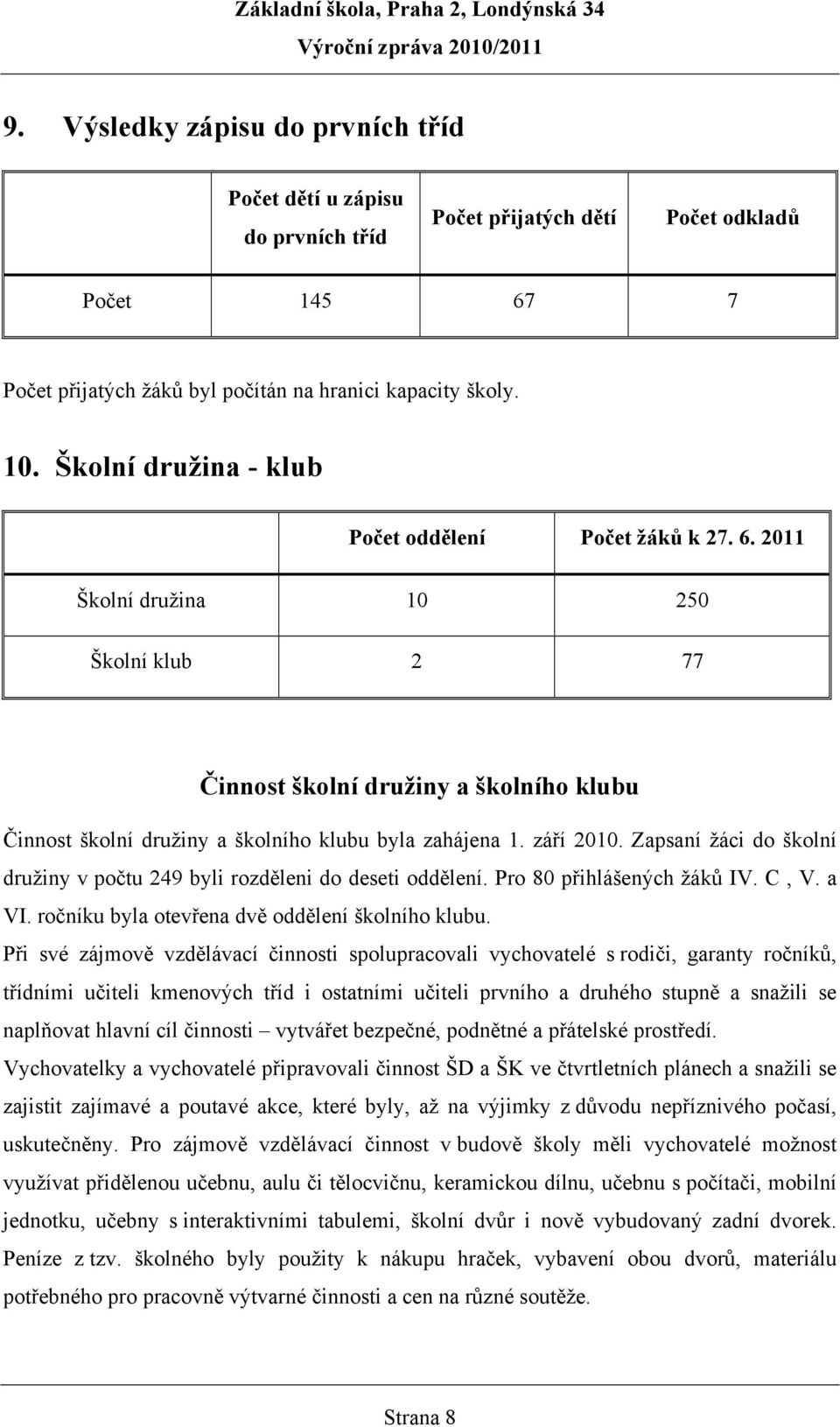 září 2010. Zapsaní žáci do školní družiny v počtu 249 byli rozděleni do deseti oddělení. Pro 80 přihlášených žáků IV. C, V. a VI. ročníku byla otevřena dvě oddělení školního klubu.