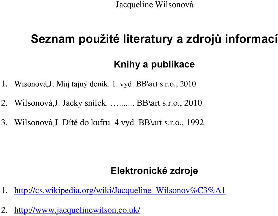 Wilsonová,J. Dítě do kufru. 4.vyd. BB\art s.r.o., 1992 Elektronické zdroje 1. http://cs.