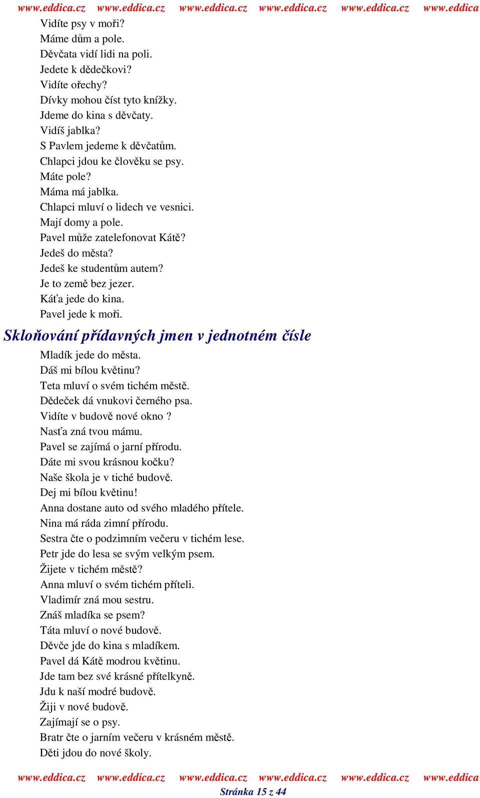 Káa jede do kina. Pavel jede k moi. Skloování pídavných jmen v jednotném ísle Mladík jede do msta. Dáš mi bílou kvtinu? Teta mluví o svém tichém mst. Ddeek dá vnukovi erného psa.