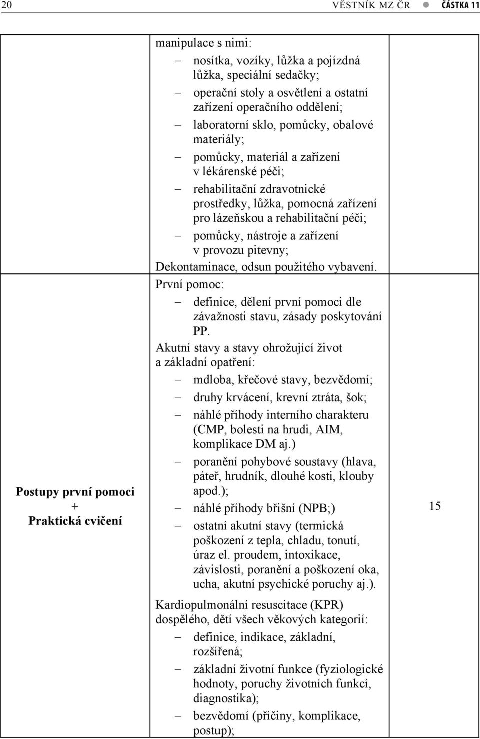 nástroje a zaízení v provozu pitevny; Dekontaminace, odsun použitého vybavení. První pomoc: definice, dlení první pomoci dle závažnosti stavu, zásady poskytování PP.