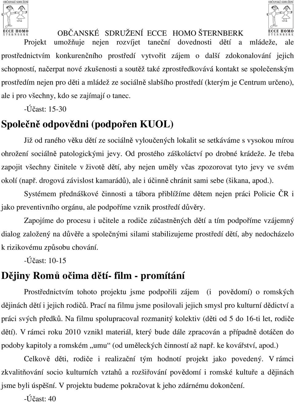 -Účast: 15-30 Společně odpovědni (podpořen KUOL) Již od raného věku dětí ze sociálně vyloučených lokalit se setkáváme s vysokou mírou ohrožení sociálně patologickými jevy.