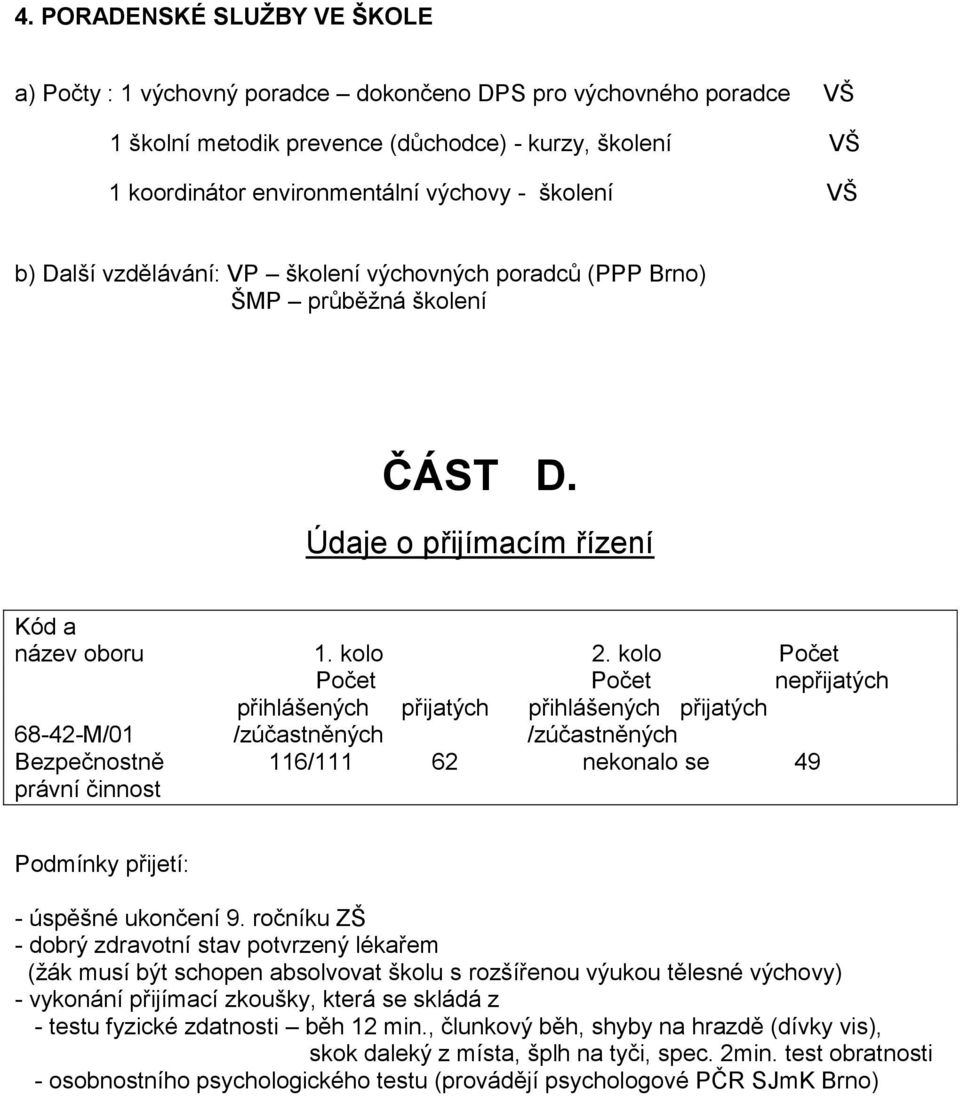 kolo Počet Počet Počet nepřijatých přihlášených přijatých přihlášených přijatých 68-42-M/01 /zúčastněných /zúčastněných Bezpečnostně 116/111 62 nekonalo se 49 právní činnost Podmínky přijetí: -