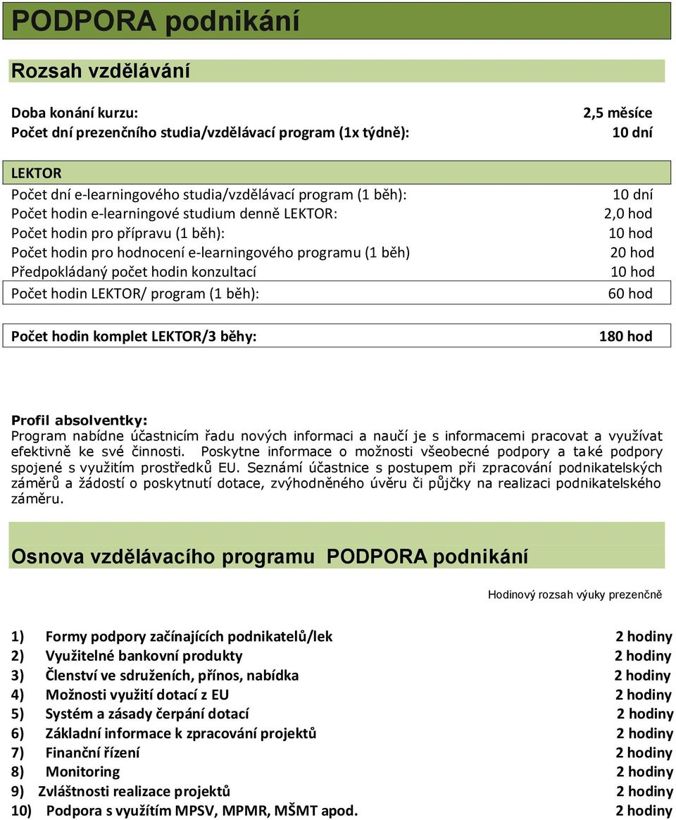 Seznámí účastnice s postupem při zpracování podnikatelských záměrů a žádostí o poskytnutí dotace, zvýhodněného úvěru či půjčky na realizaci podnikatelského záměru.