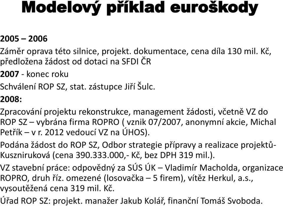 2008: Zpracování projektu rekonstrukce, management žádosti, včetně VZ do ROP SZ vybrána firma ROPRO ( vznik 07/2007, anonymní akcie, Michal Petřík v r. 2012 vedoucí VZ na ÚHOS).