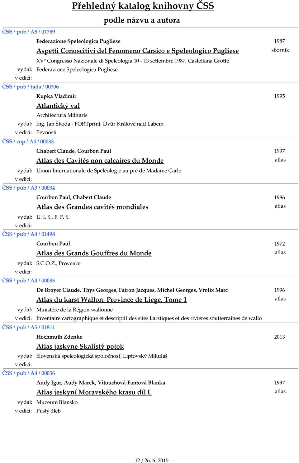 Jan Škoda FORTprint, Dvůr Králové nad Labem Pevnosti ČSS / cop / A4 / 00033 Chabert Claude, Courbon Paul Atlas des Cavités non calcaires du Monde Union Internationale de Spéléologie au pré de Madame