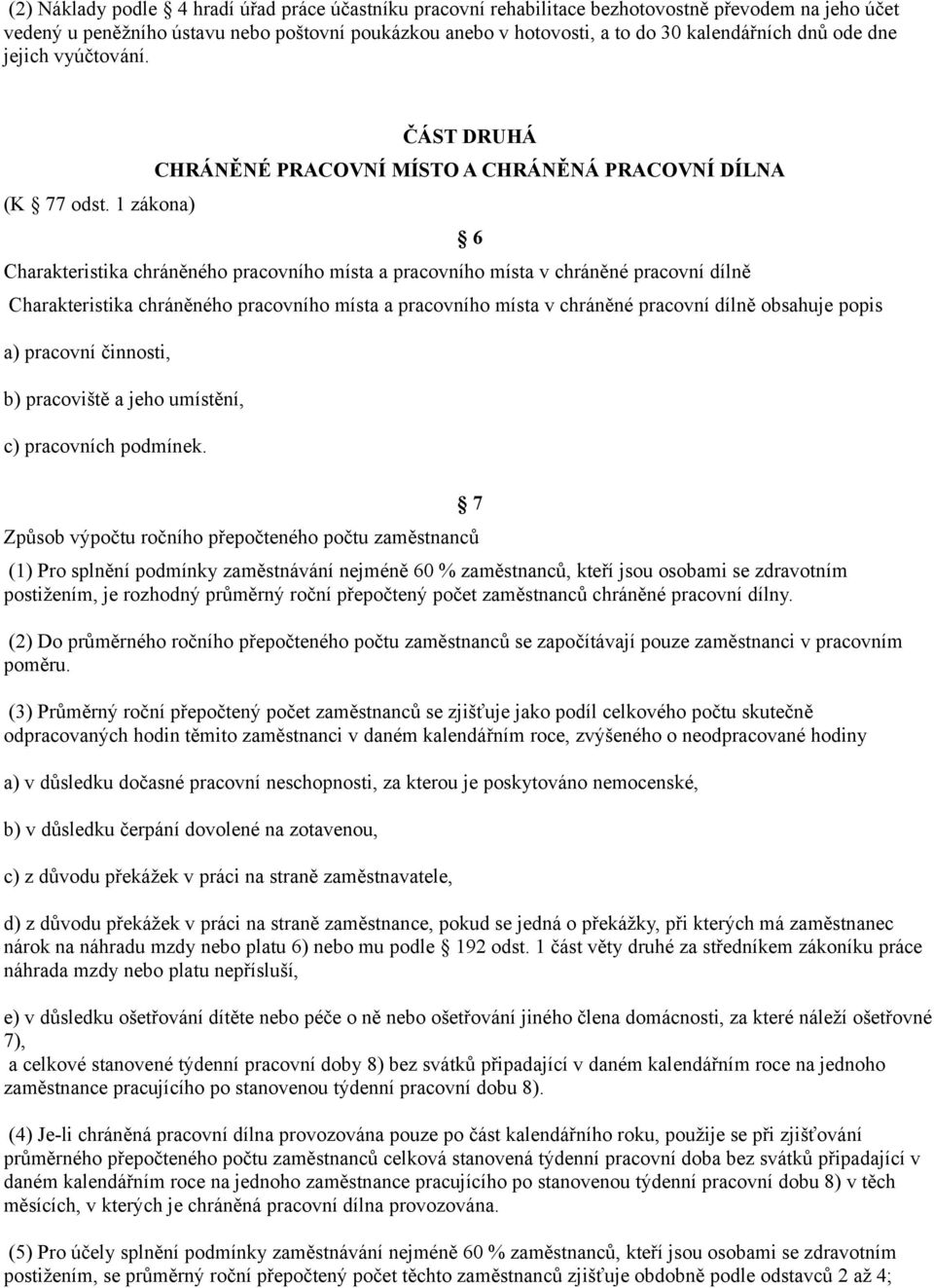 1 zákona) 6 Charakteristika chráněného pracovního místa a pracovního místa v chráněné pracovní dílně Charakteristika chráněného pracovního místa a pracovního místa v chráněné pracovní dílně obsahuje