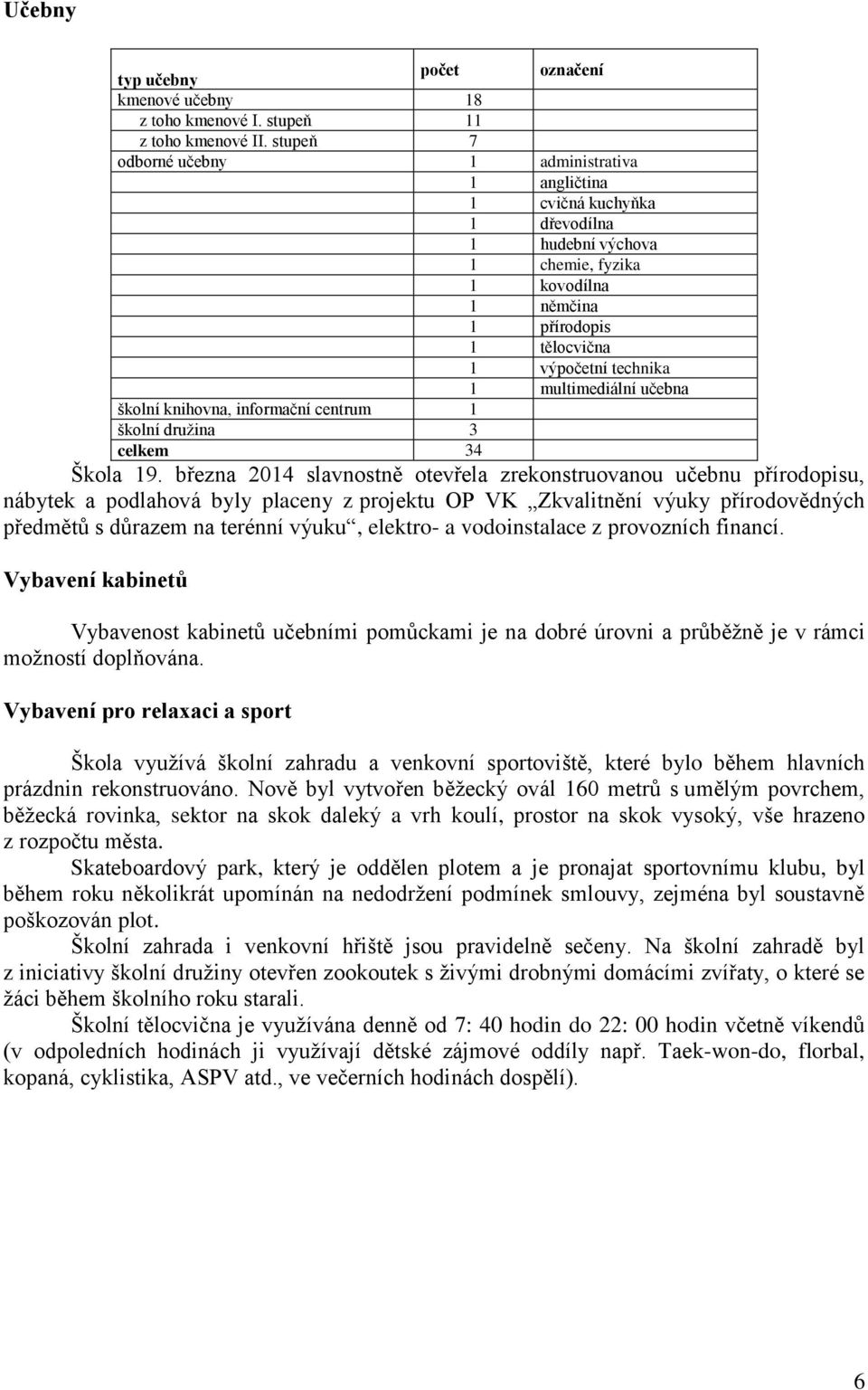 multimediální učebna školní knihovna, informační centrum 1 školní druţina 3 celkem 34 Škola 19.