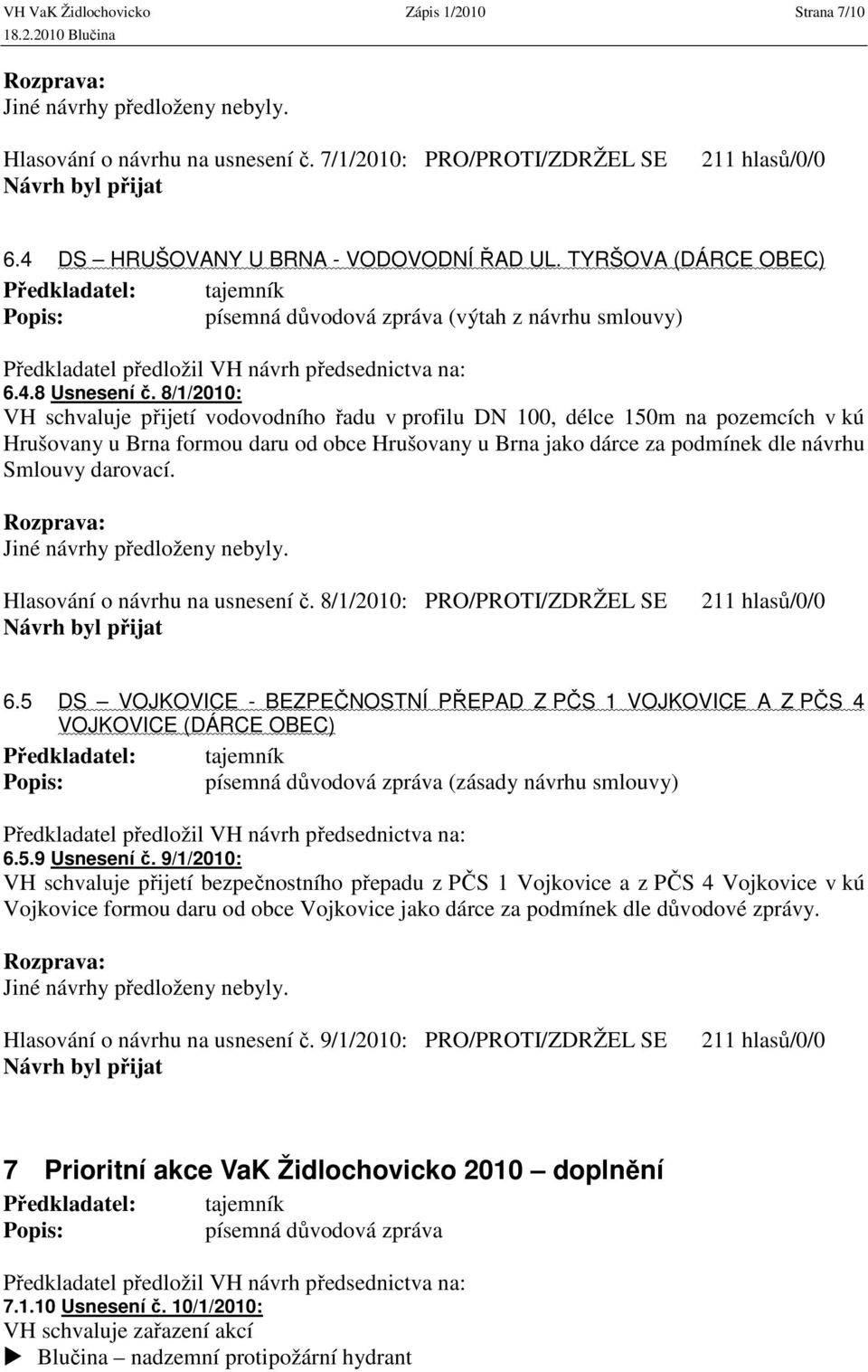 8/1/2010: VH schvaluje přijetí vodovodního řadu v profilu DN 100, délce 150m na pozemcích v kú Hrušovany u Brna formou daru od obce Hrušovany u Brna jako dárce za podmínek dle návrhu Smlouvy darovací.