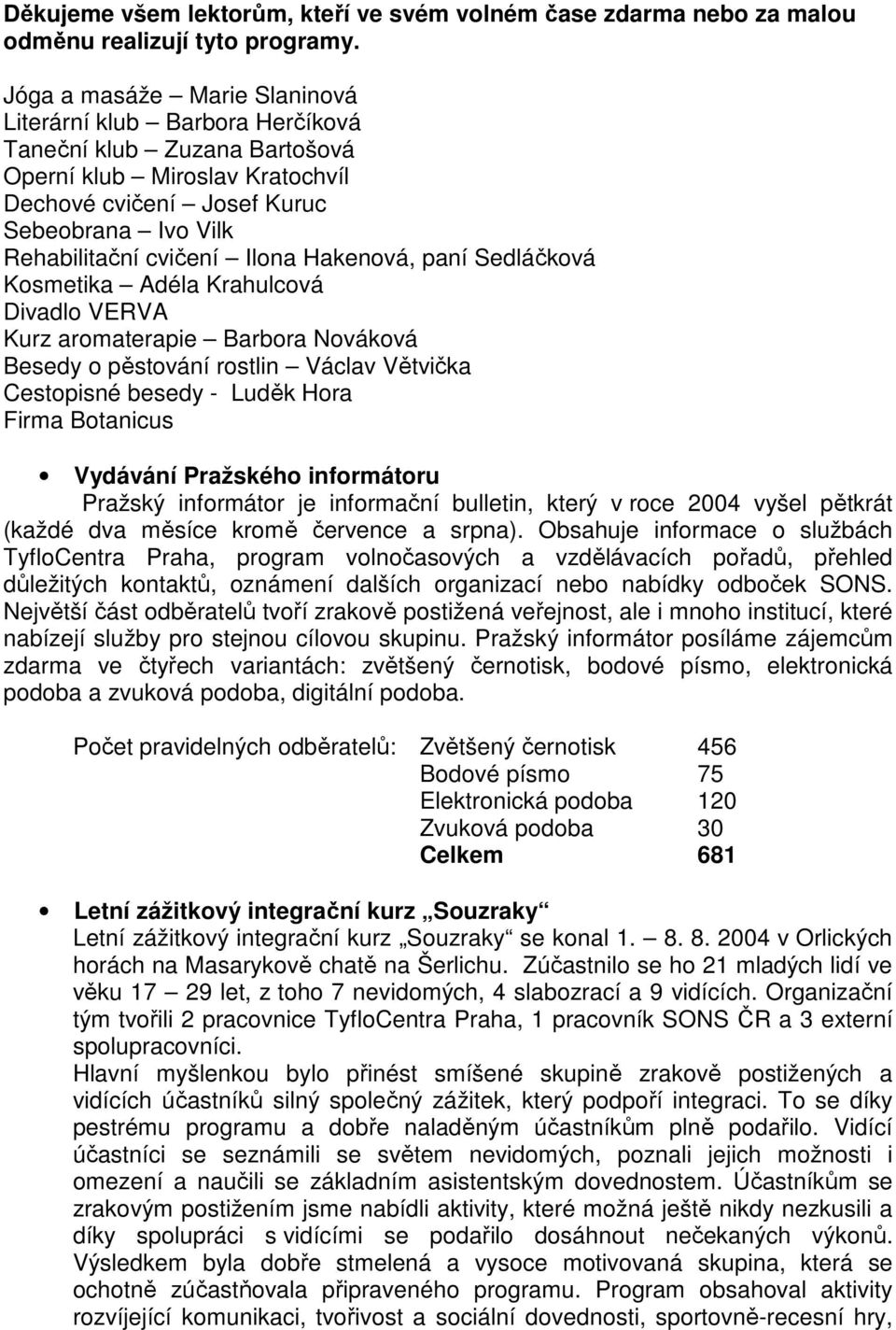 Ilona Hakenová, paní Sedláčková Kosmetika Adéla Krahulcová Divadlo VERVA Kurz aromaterapie Barbora Nováková Besedy o pěstování rostlin Václav Větvička Cestopisné besedy - Luděk Hora Firma Botanicus