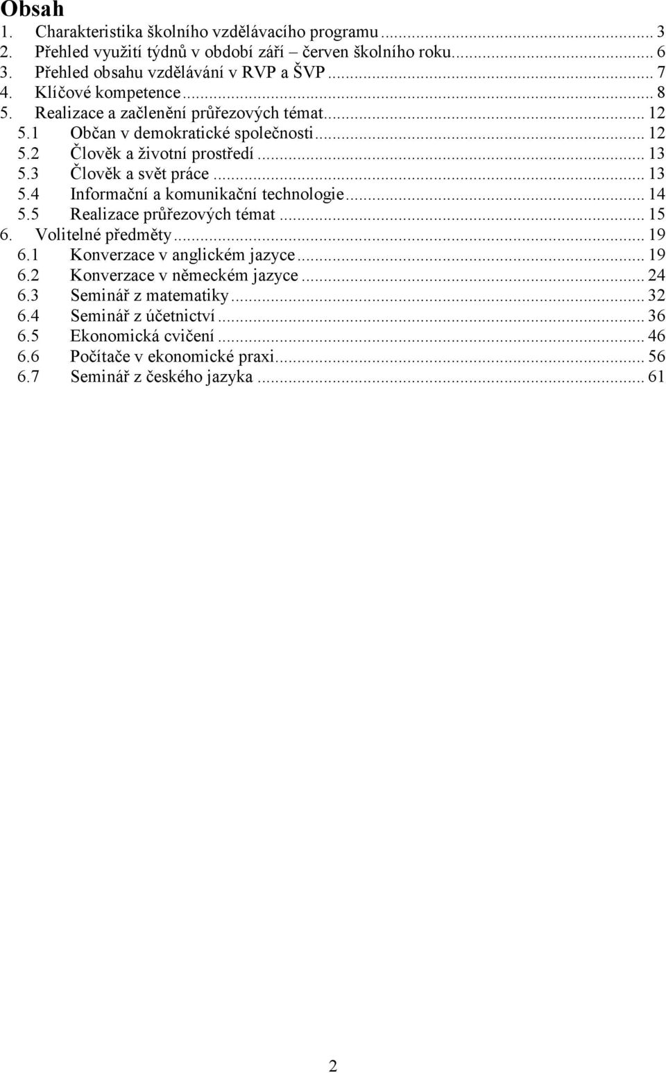 .. 13 5.4 Informační a komunikační technologie... 14 5.5 Realizace průřezových témat... 15 6. Volitelné předměty... 19 6.1 Konverzace v anglickém jazyce... 19 6.2 Konverzace v německém jazyce.