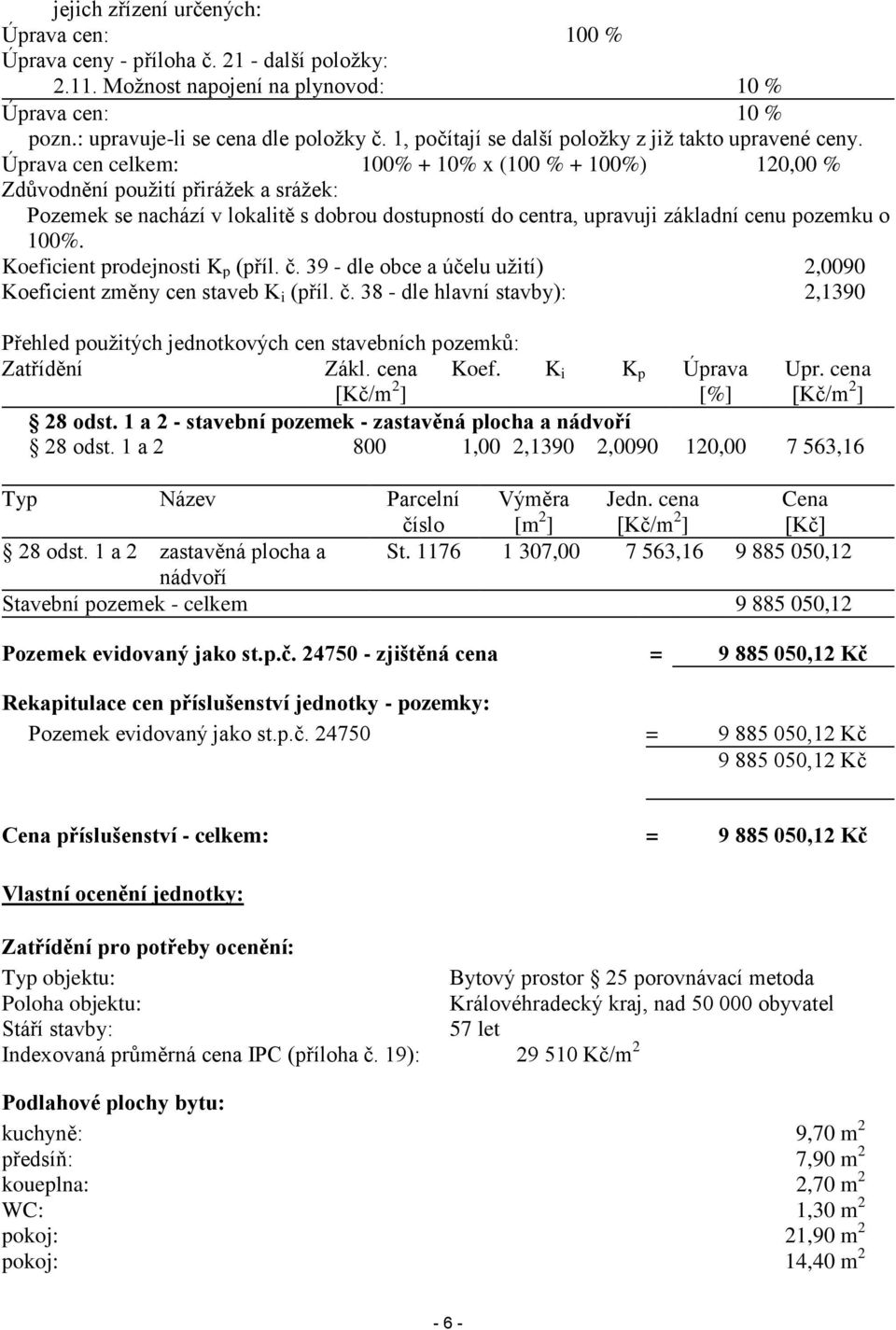 Úprava cen celkem: 100% + 10% x (100 % + 100%) 120,00 % Zdůvodnění použití přirážek a srážek: Pozemek se nachází v lokalitě s dobrou dostupností do centra, upravuji základní cenu pozemku o 100%.