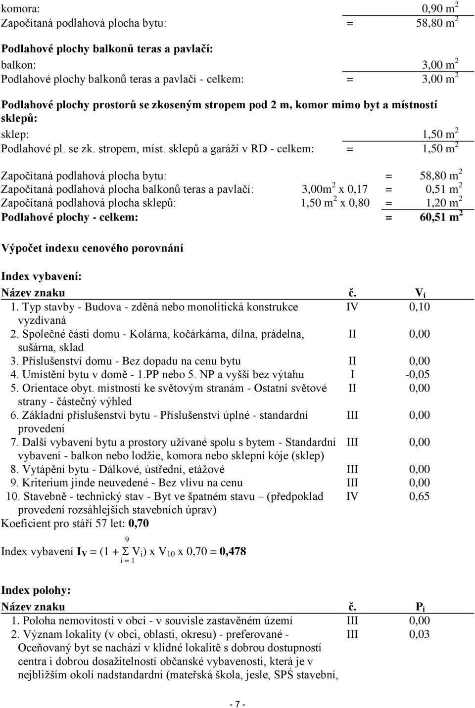 sklepů a garáží v RD - celkem: = 1,50 m 2 Započítaná podlahová plocha bytu: = 58,80 m 2 Započítaná podlahová plocha balkonů teras a pavlačí: 3,00m 2 x 0,17 = 0,51 m 2 Započítaná podlahová plocha