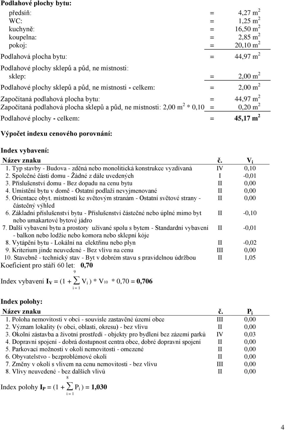 0,10 = 0,20 m 2 Podlahové plochy - celkem: = 45,17 m 2 Výpočet indexu cenového porovnání: Index vybavení: Název znaku č. V i 1.