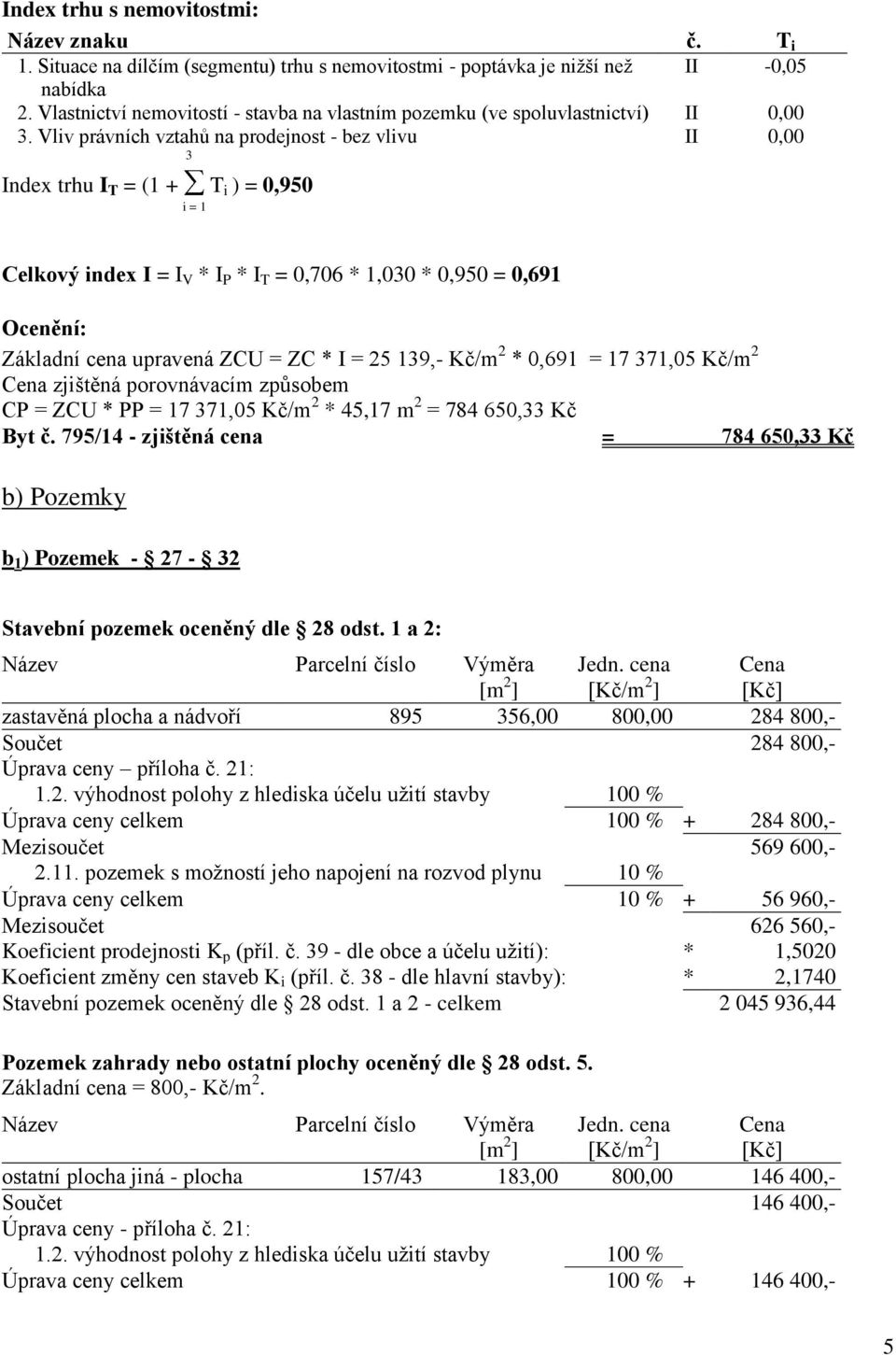 Vliv právních vztahů na prodejnost - bez vlivu II 0,00 3 Index trhu I T = (1 + T i ) = 0,950 i = 1 Celkový index I = I V * I P * I T = 0,706 * 1,030 * 0,950 = 0,691 Ocenění: Základní cena upravená