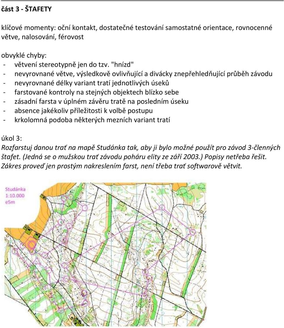 sebe - zásadní farsta v úplném závěru tratě na posledním úseku - absence jakékoliv příležitosti k volbě postupu - krkolomná podoba některých mezních variant tratí úkol 3: Rozfarstuj danou trať na