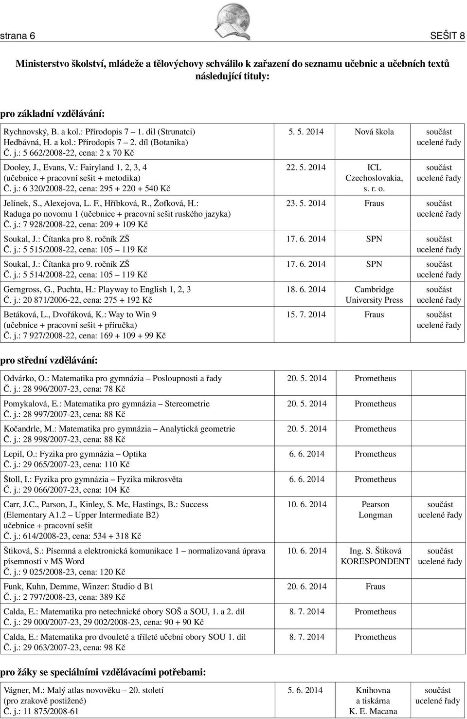 : Fairyland 1, 2, 3, 4 (učebnice + pracovní sešit + metodika) Č. j.: 6 320/2008-22, cena: 295 + 220 + 540 Kč Jelínek, S., Alexejova, L. F., Hříbková, R., Žofková, H.