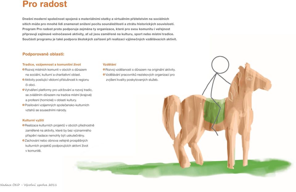 Program Pro radost proto podporuje zejména ty organizace, které pro svou komunitu i veřejnost připravují zajímavé volnočasové aktivity, ať už jsou zaměřené na kulturu, sport nebo místní tradice.