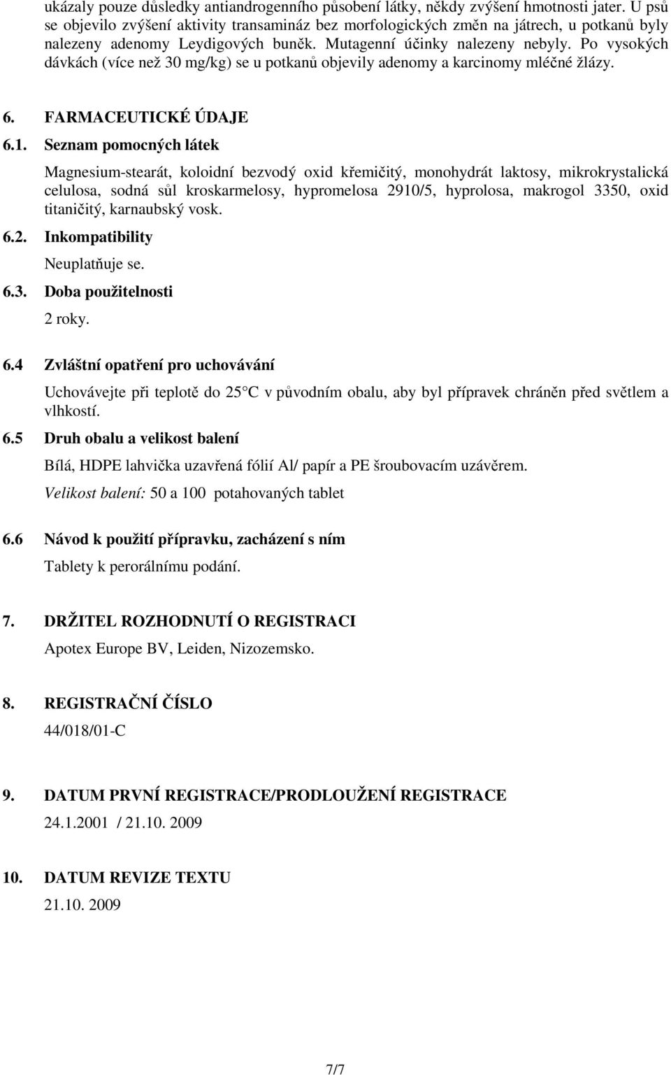 Po vysokých dávkách (více než 30 mg/kg) se u potkanů objevily adenomy a karcinomy mléčné žlázy. 6. FARMACEUTICKÉ ÚDAJE 6.1.