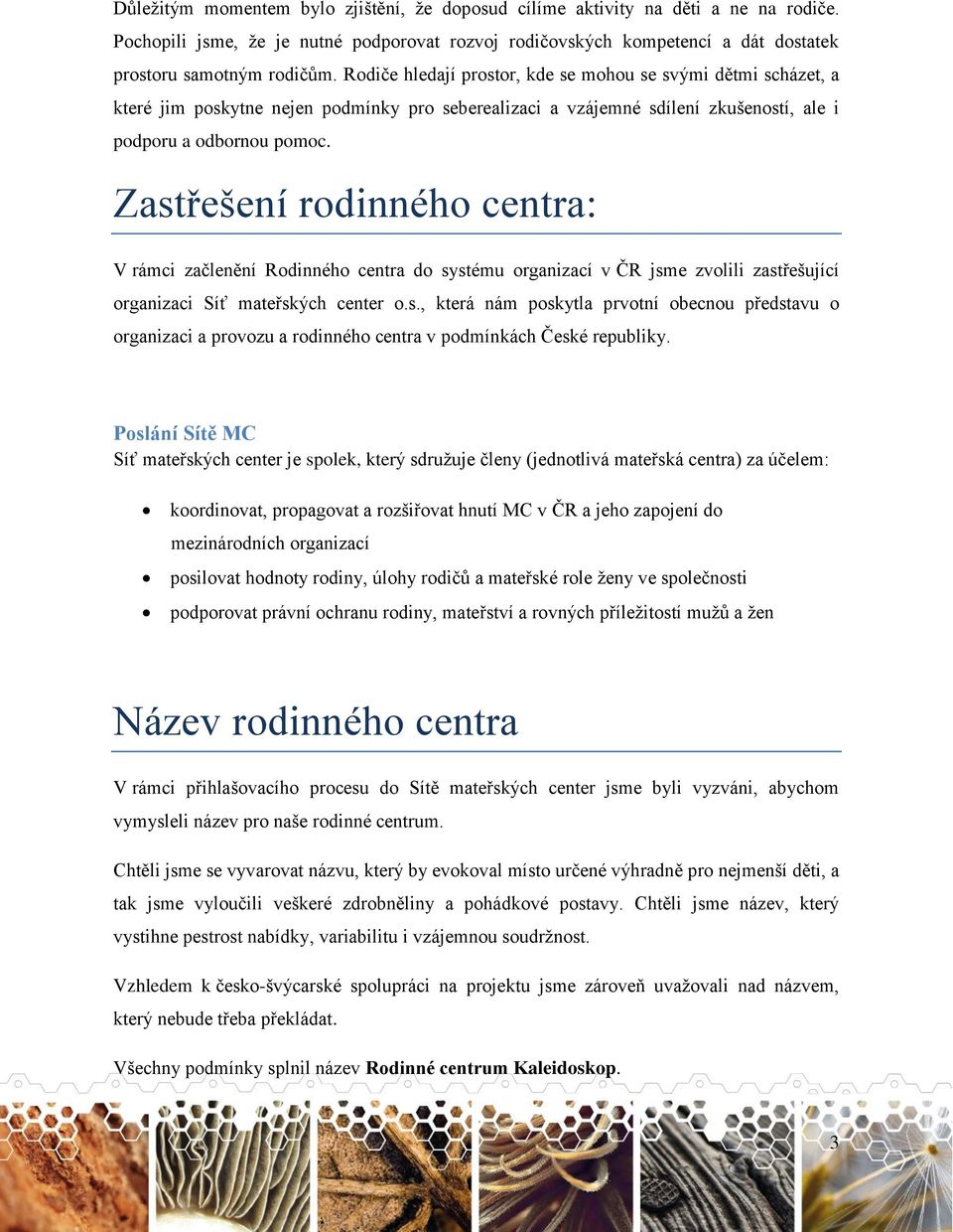 Zastřešení rodinného centra: V rámci začlenění Rodinného centra do systému organizací v ČR jsme zvolili zastřešující organizaci Síť mateřských center o.s., která nám poskytla prvotní obecnou představu o organizaci a provozu a rodinného centra v podmínkách České republiky.