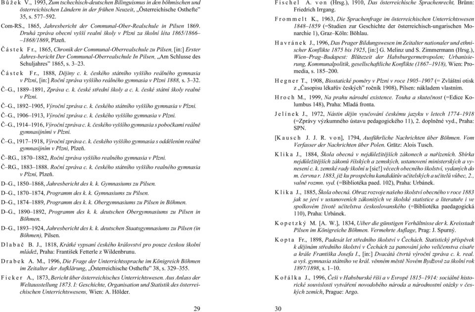 , 1865, Chronik der Communal-Oberrealschule zu Pilsen, [in:] Erster Jahres-bericht Der Communal-Oberrealschule In Pilsen, Am Schlusse des Schuljahres 1865, s. 3 23. È á s t e k F r., 1888, Dìjiny c.