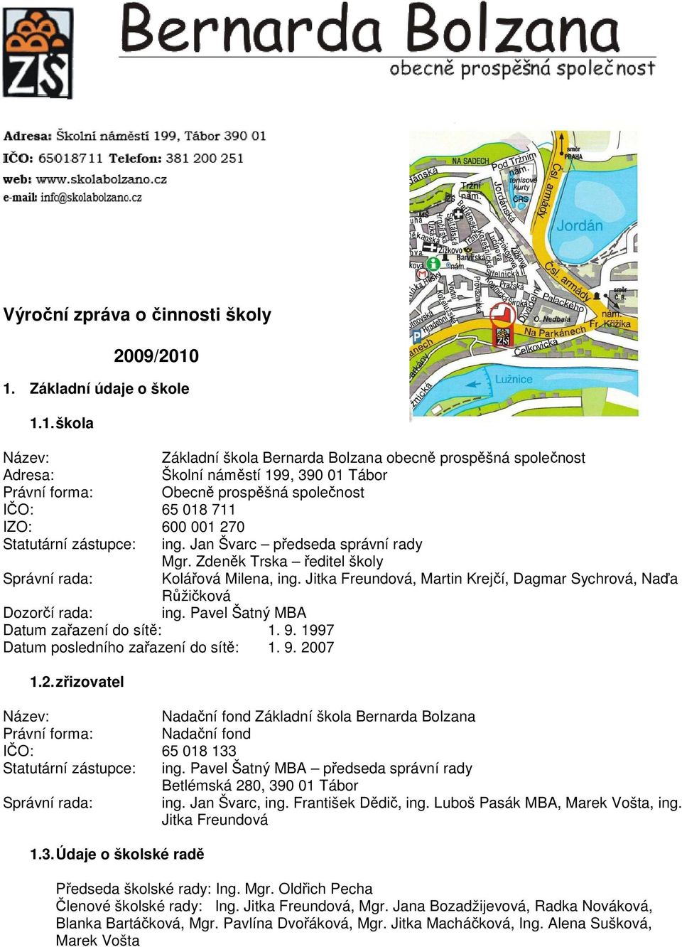 711 IZO: 600 001 270 Statutární zástupce: ing. Jan Švarc předseda správní rady Mgr. Zdeněk Trska ředitel školy Správní rada: Kolářová Milena, ing.