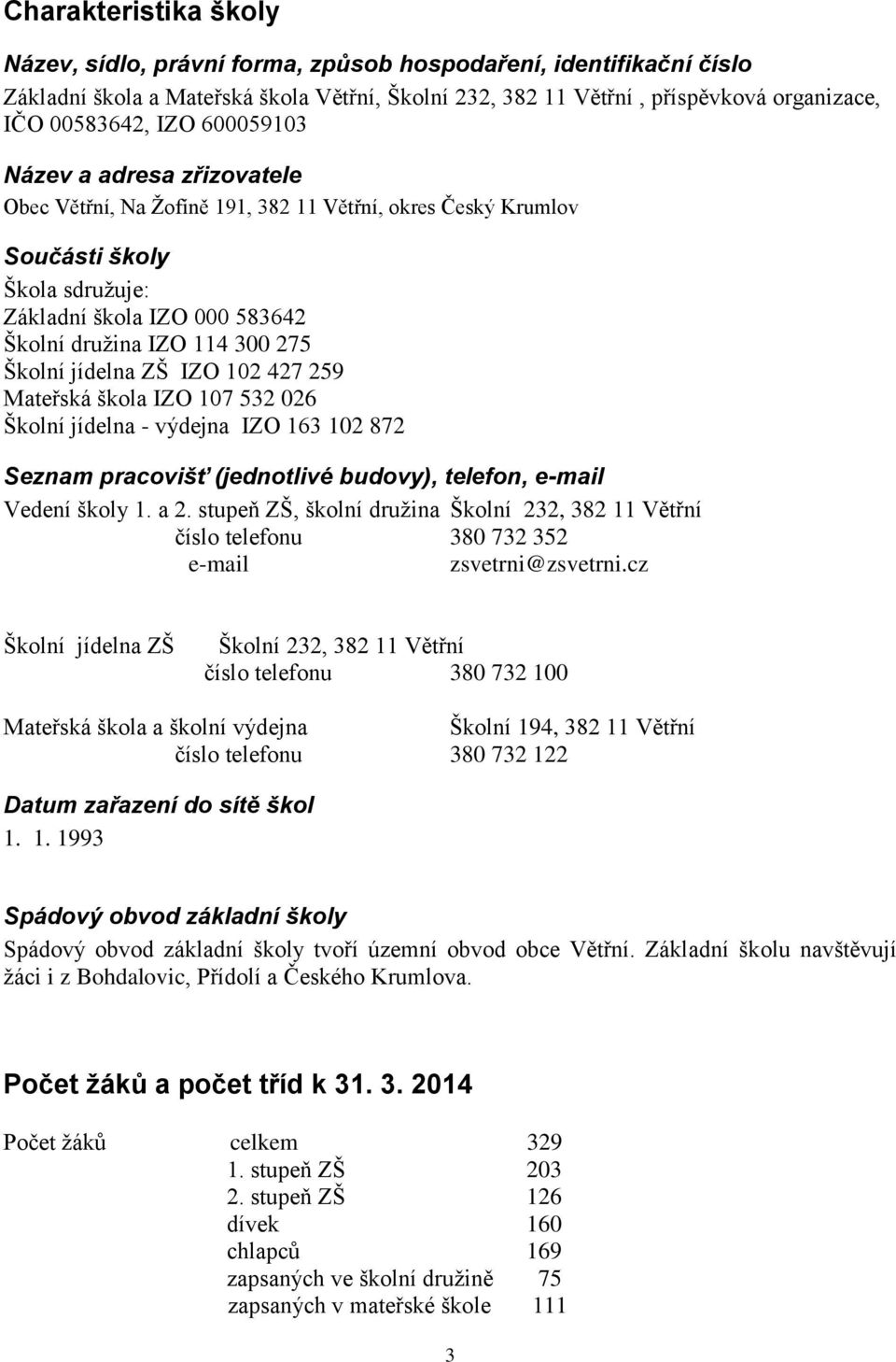 jídelna ZŠ IZO 102 427 259 Mateřská škola IZO 107 532 026 Školní jídelna - výdejna IZO 163 102 872 Seznam pracovišť (jednotlivé budovy), telefon, e-mail Vedení školy 1. a 2.