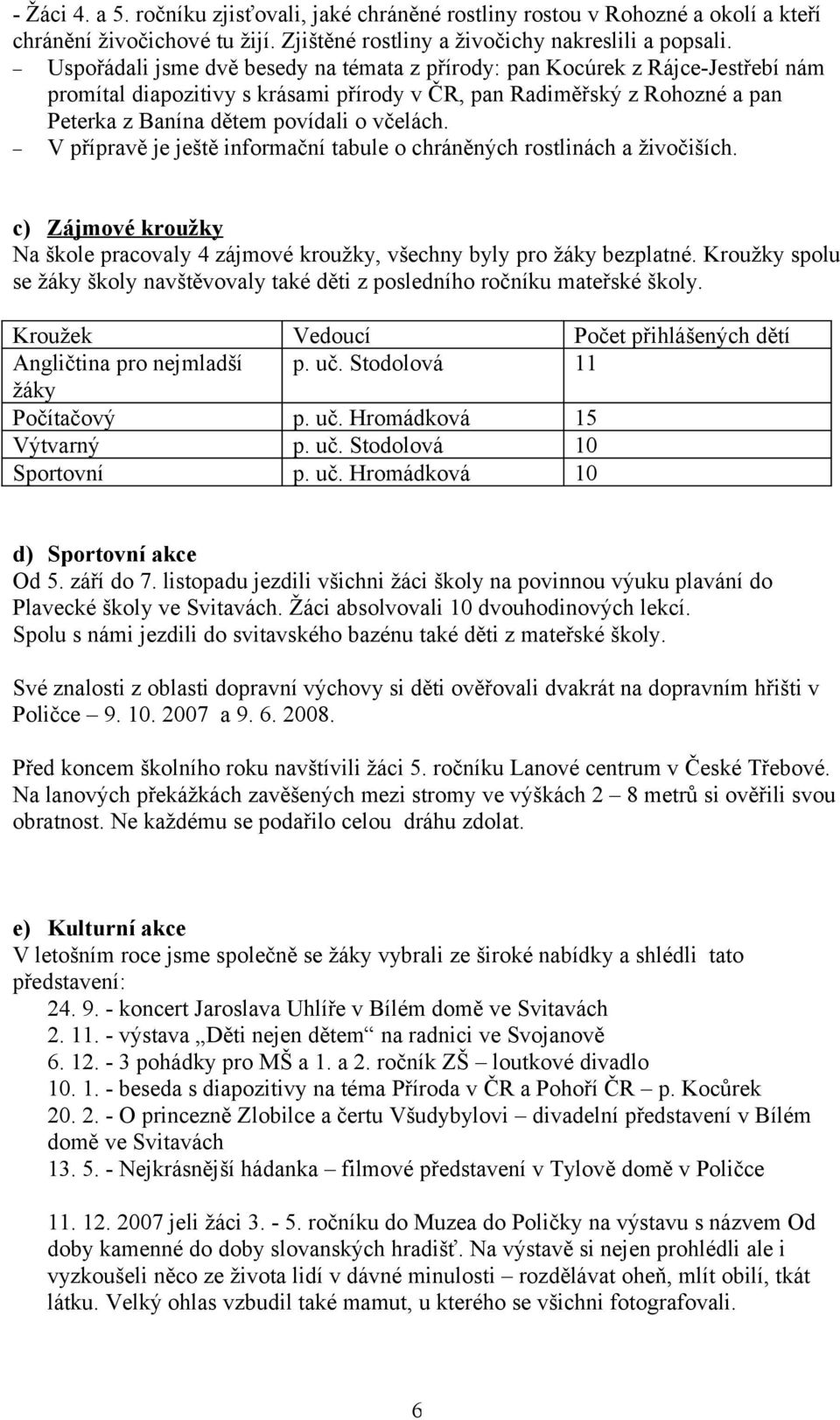 V přípravě je ještě informační tabule o chráněných rostlinách a živočiších. c) Zájmové kroužky Na škole pracovaly 4 zájmové kroužky, všechny byly pro žáky bezplatné.