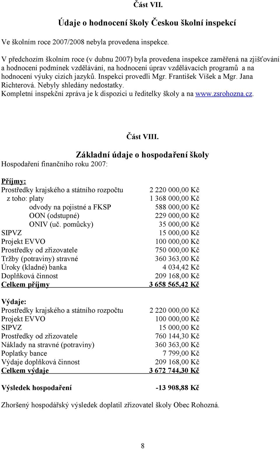 Inspekci provedli Mgr. František Víšek a Mgr. Jana Richterová. Nebyly shledány nedostatky. Kompletní inspekční zpráva je k dispozici u ředitelky školy a na www.zsrohozna.cz. Část VIII.
