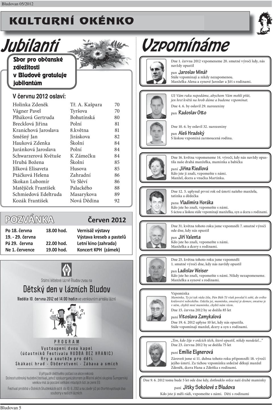 května 81 Směšný Jan Jiráskova 82 Hauková Zdenka Školní 84 Juránková Jaroslava Polní 84 Schwarzerová Květuše K Zámečku 84 Hrubá Božena Školní 85 Jílková Elisaveta Husova 85 Ptáčková Helena Zahradní