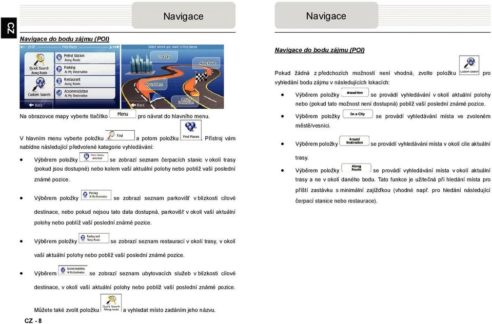 Výběrem položky se provádí vyhledávání místa ve zvoleném městě/vesnici. V hlavním menu vyberte položku a potom položku.
