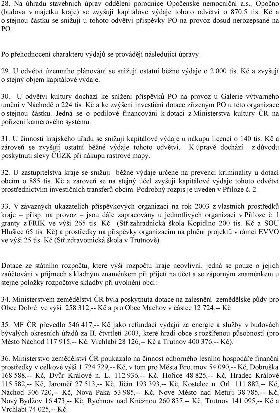 U odvětví územního plánování se snižují ostatní běžné výdaje o 2 000 tis. Kč a zvyšují o stejný objem kapitálové výdaje. 30.