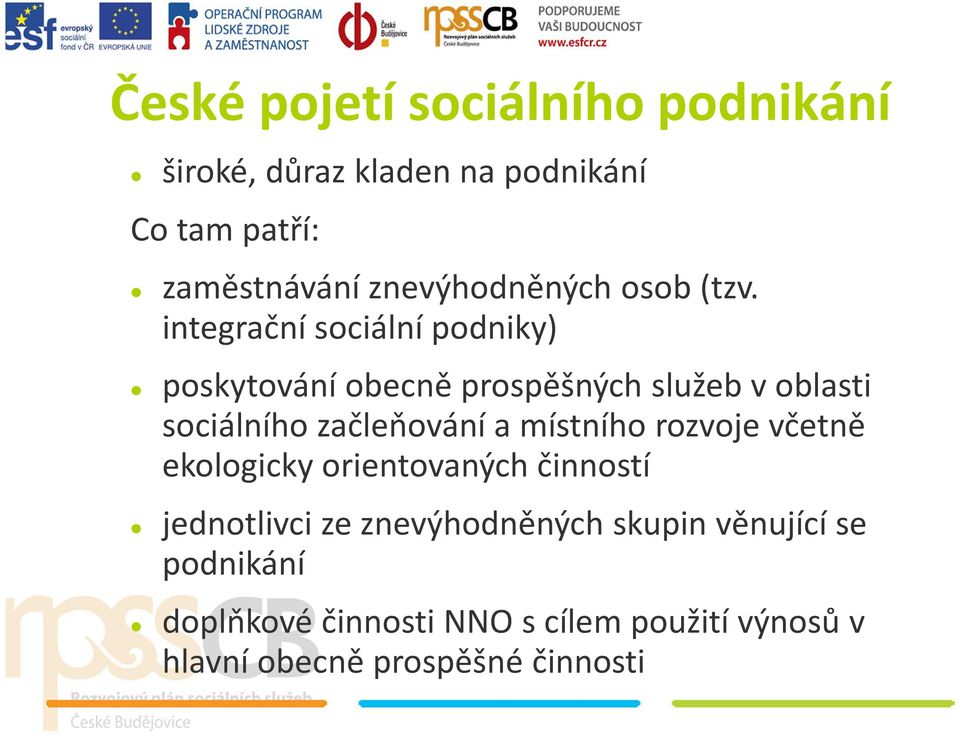 integrační sociální podniky) poskytování obecně prospěšných služeb v oblasti sociálního začleňování a