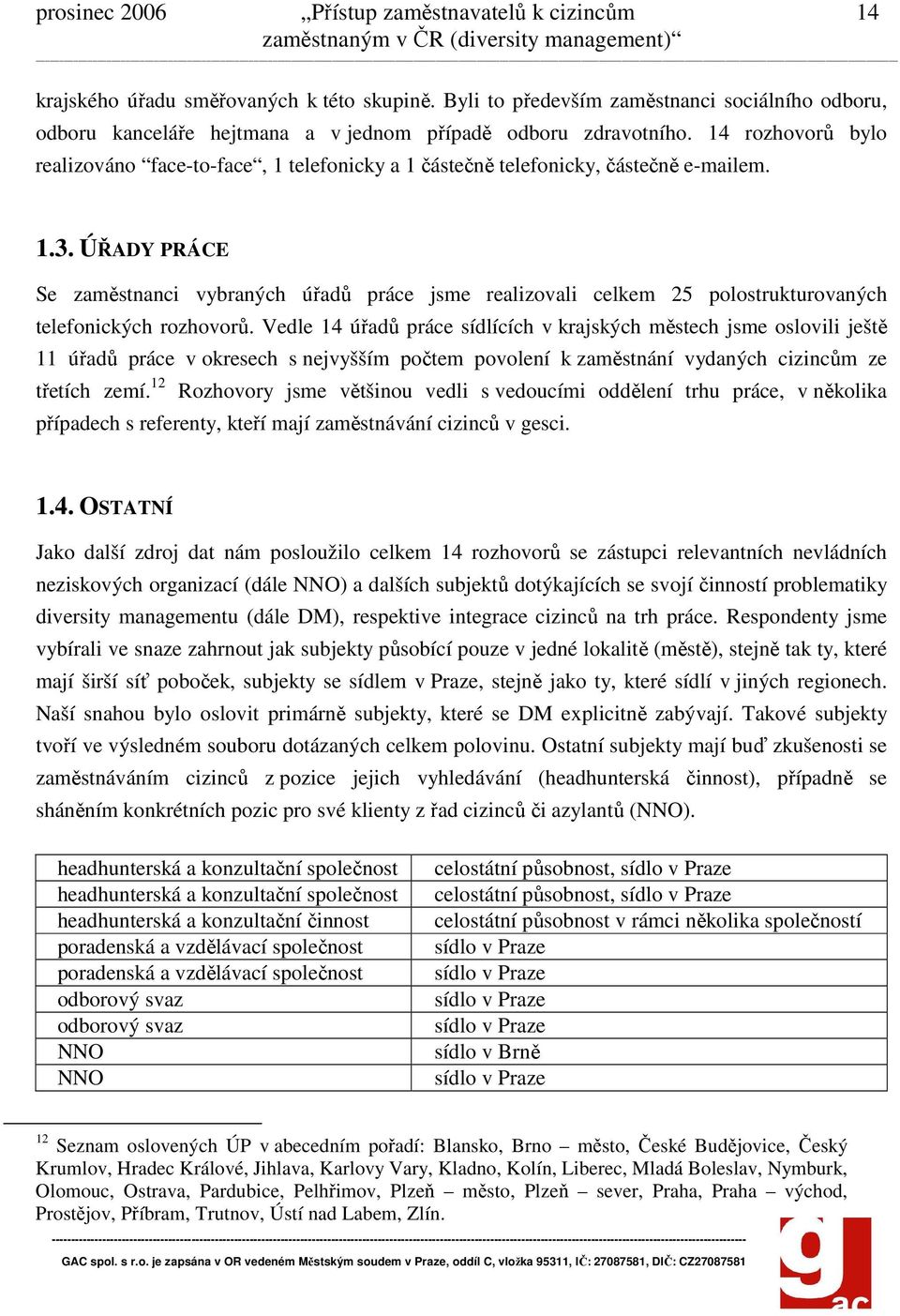 14 rozhovorů bylo realizováno face-to-face, 1 telefonicky a 1 částečně telefonicky, částečně e-mailem. 1.3.