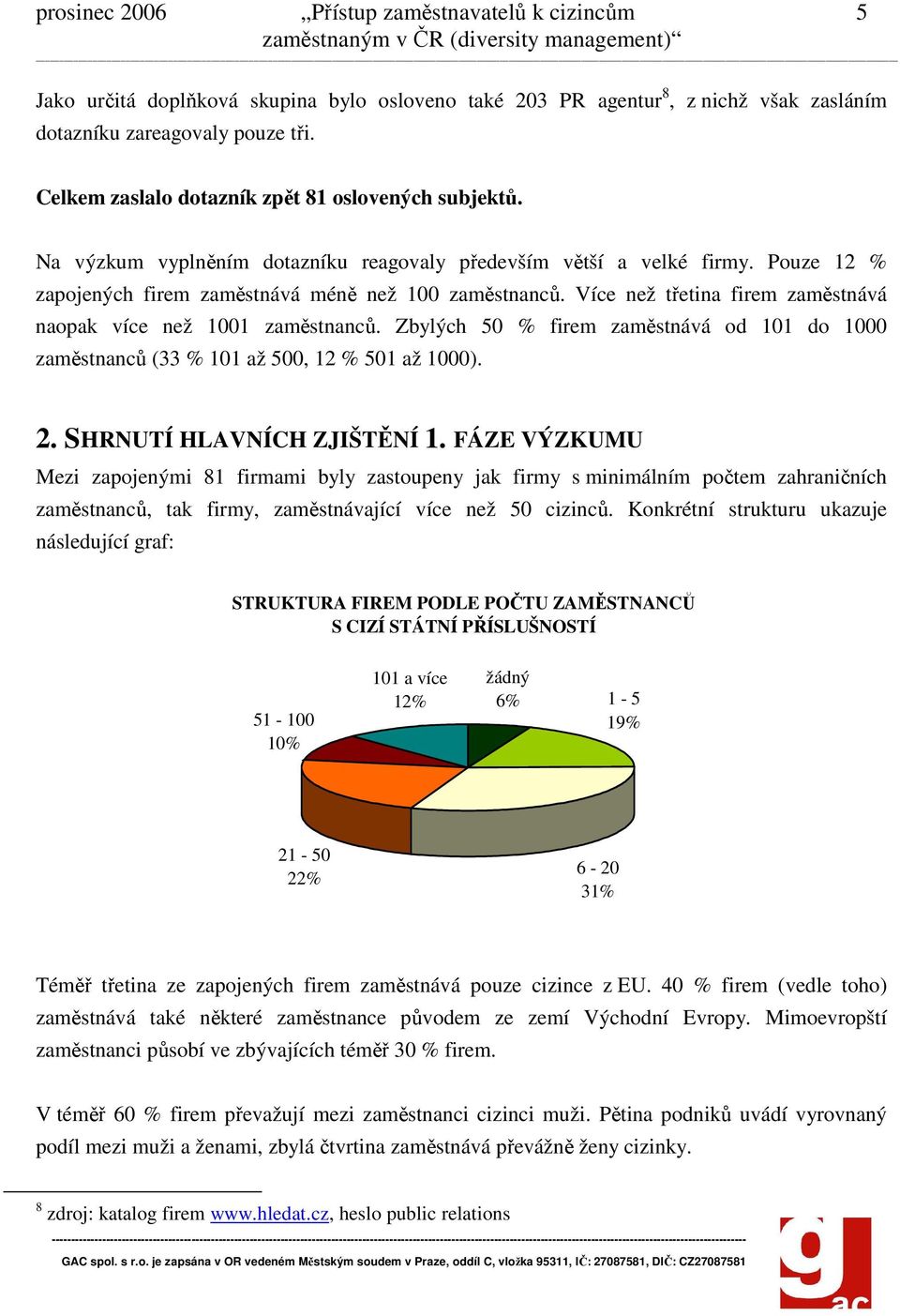 Více než třetina firem zaměstnává naopak více než 1001 zaměstnanců. Zbylých 50 % firem zaměstnává od 101 do 1000 zaměstnanců (33 % 101 až 500, 12 % 501 až 1000). 2. SHRNUTÍ HLAVNÍCH ZJIŠTĚNÍ 1.