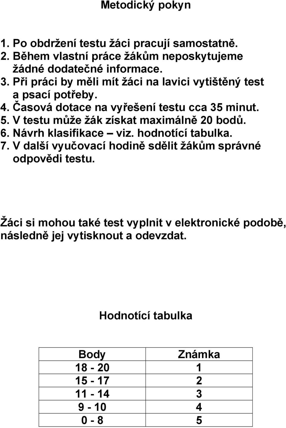 V testu může žák získat maximálně 20 bodů. 6. Návrh klasifikace viz. hodnotící tabulka. 7.