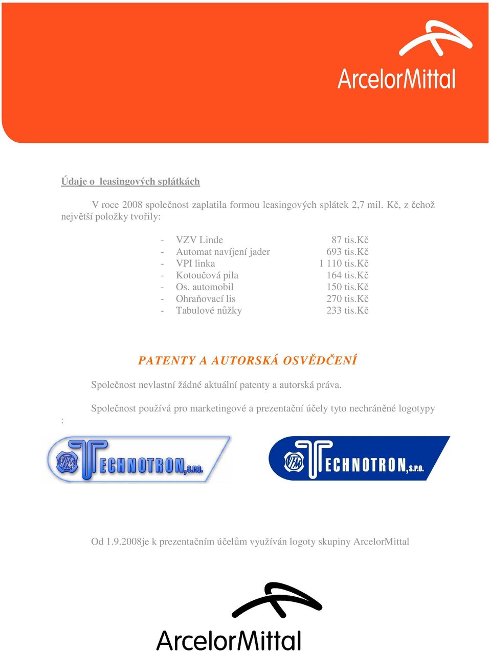 kč - Os. automobil 150 tis.kč - Ohraňovací lis 270 tis.kč - Tabulové nůžky 233 tis.