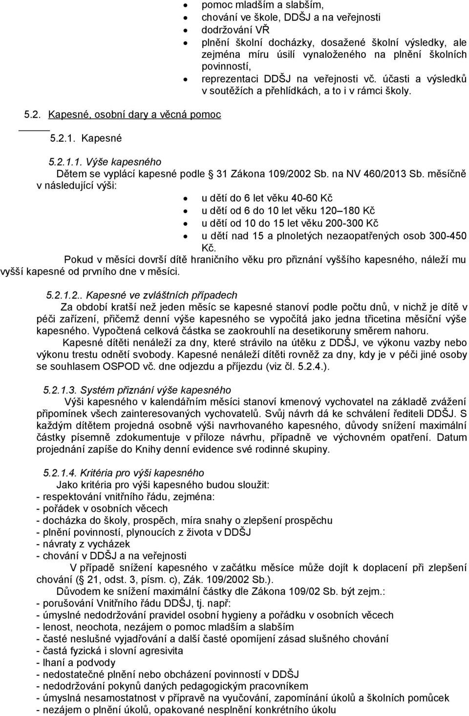 Kapesné 5.2.1.1. Výše kapesného Dětem se vyplácí kapesné podle 31 Zákona 109/2002 Sb. na NV 460/2013 Sb.