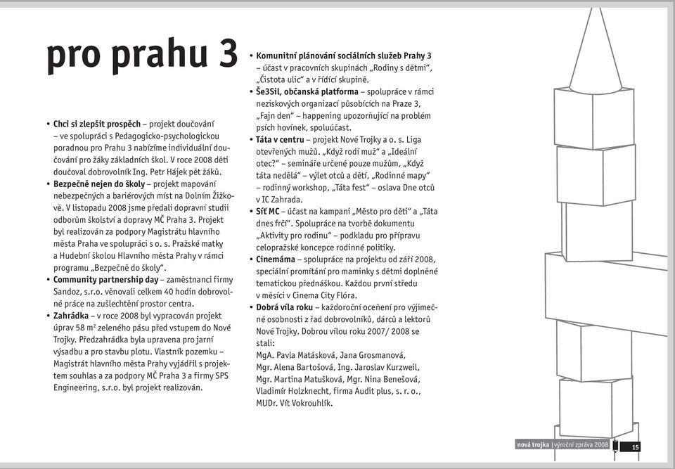 V listopadu 2008 jsme předali dopravní studii odborům školství a dopravy MČ Praha 3. Projekt byl realizován za podpory Magistrátu hlavního města Praha ve spolupráci s o. s. Pražské matky a Hudební školou Hlavního města Prahy v rámci programu Bezpečně do školy.