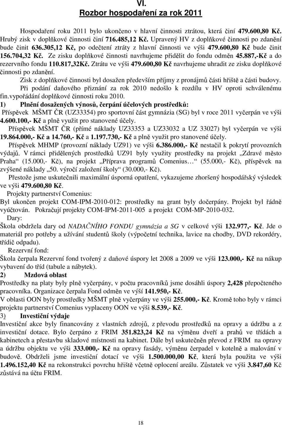 Ze zisku doplňkové činnosti navrhujeme přidělit do fondu odměn 45.887,-Kč a do rezervního fondu 110.817,32Kč. Ztrátu ve výši 479.600,80 Kč navrhujeme uhradit ze zisku doplňkové činnosti po zdanění.