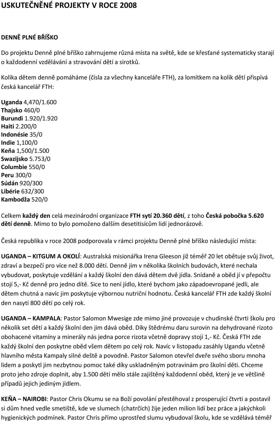 200/0 Indonésie 35/0 Indie 1,100/0 Keňa 1,500/1.500 Swazijsko 5.753/0 Columbie 550/0 Peru 300/0 Súdán 920/300 Libérie 632/300 Kambodža 520/0 Celkem každý den celá mezinárodní organizace FTH sytí 20.