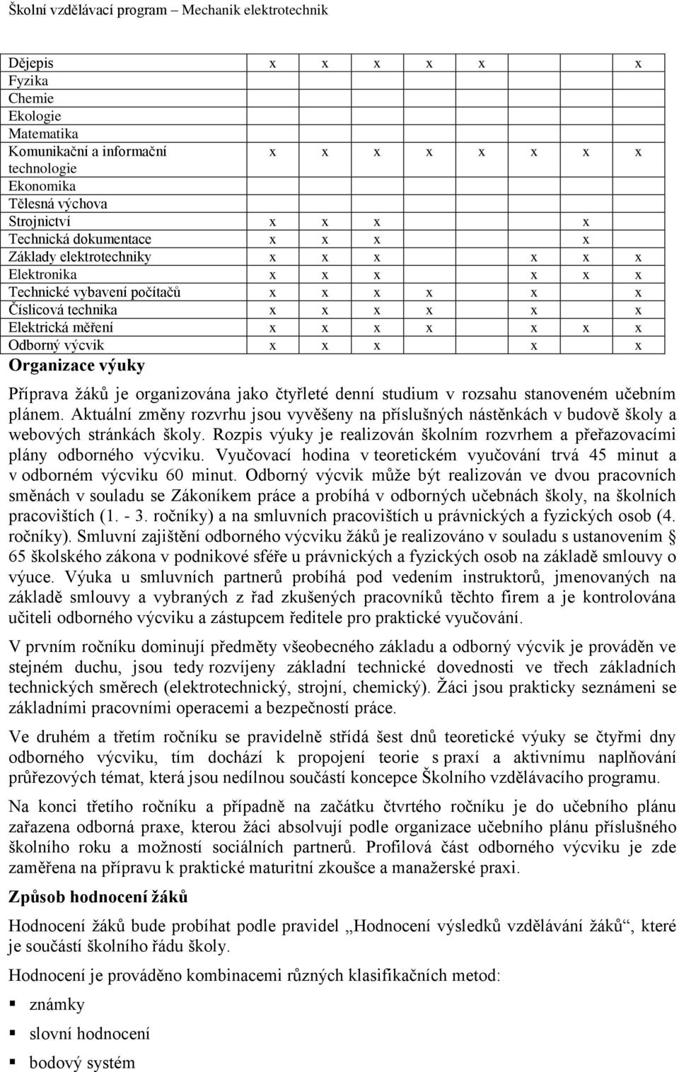 Odborný výcvik x x x x x Organizace výuky Příprava žáků je organizována jako čtyřleté denní studium v rozsahu stanoveném učebním plánem.