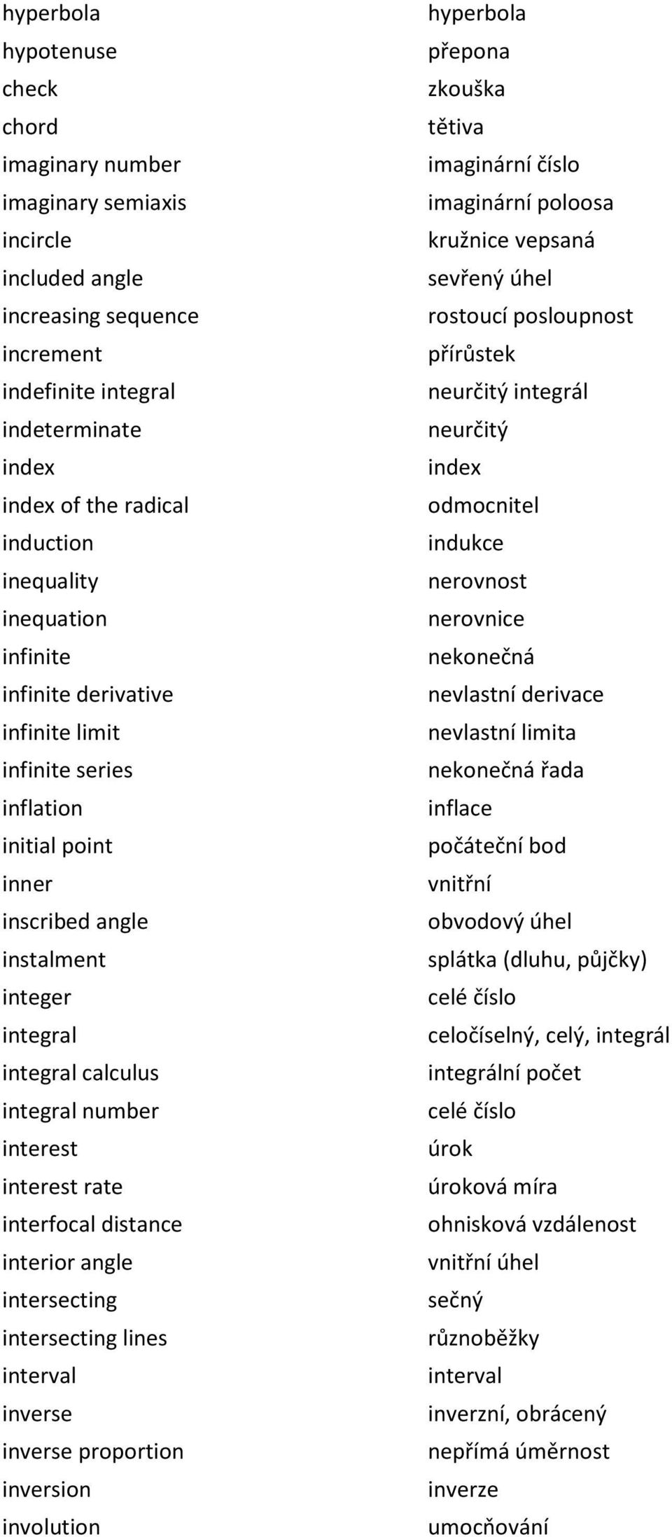 interest rate interfocal distance interior angle intersecting intersecting lines interval inverse inverse proportion inversion involution hyperbola přepona zkouška tětiva imaginární číslo imaginární