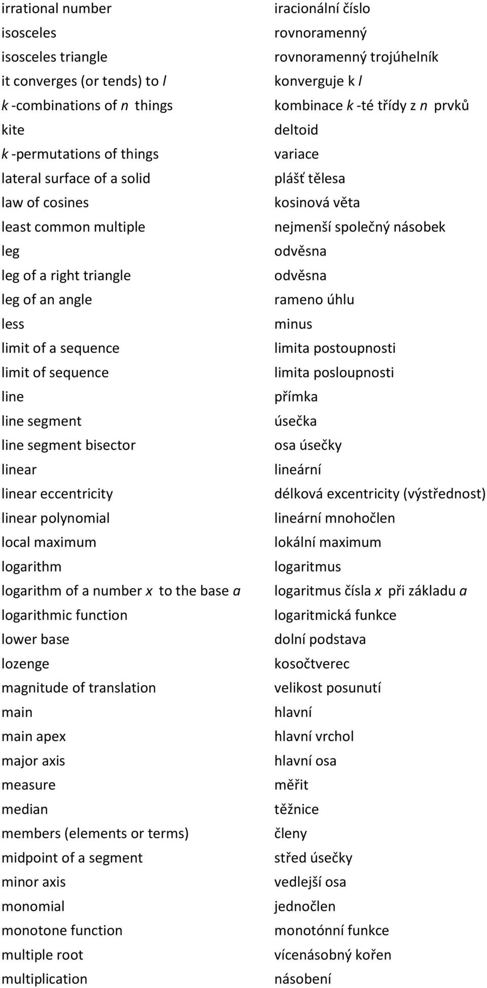 logarithm of a number x to the base a logarithmic function lower base lozenge magnitude of translation main main apex major axis measure median members (elements or terms) midpoint of a segment minor